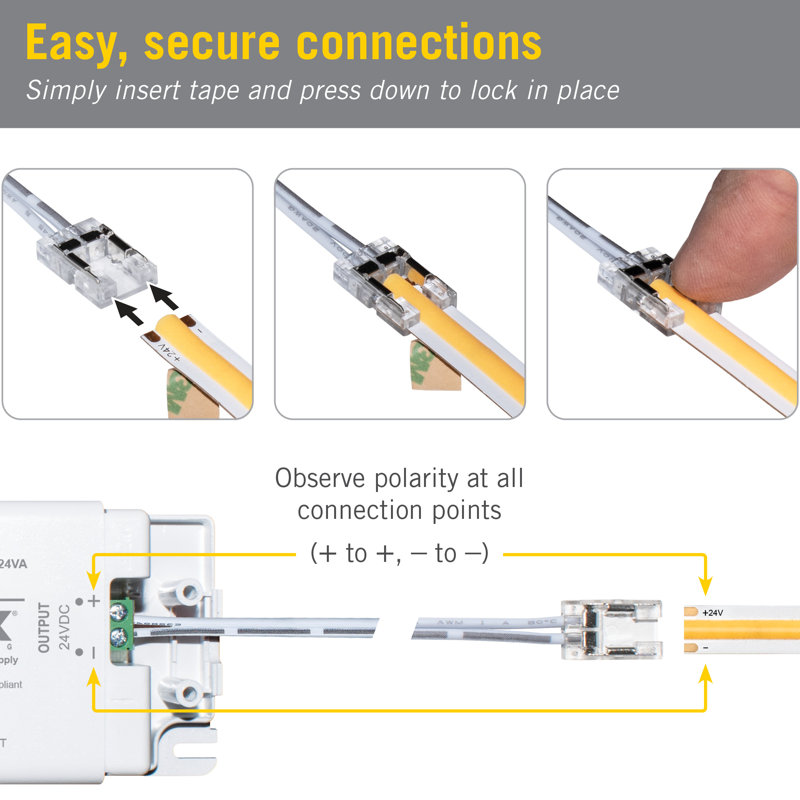 Connecteur de cordon de lumière 48 po à 2 broches DEL COB, paquet de 3