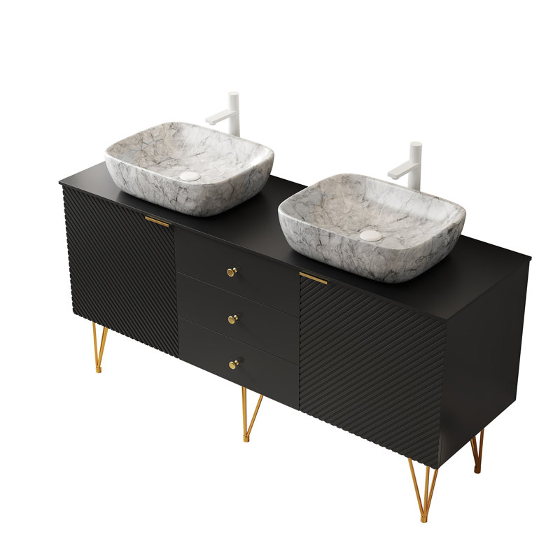 Meuble-lavabo de 60 po avec lavabos, armoire de rangement autoportante en contreplaqué avec pieds dorés, 3 tiroirs et 2 portes, 2 vasques en céramique à motif de marbre blanc et plateau en pierre frittée, pré-assemblé