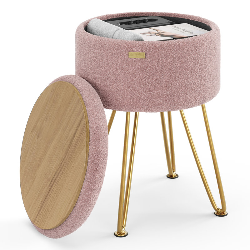 Modern Round Storage Ottoman Side Table, Gold, Pink boucle 