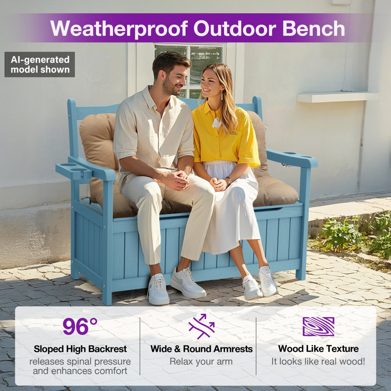 Grand banc de rangement extérieur 43 gallons, siège de patio d'une capacité de 800 lb avec porte-gobelets pliables, boîte de terrasse résistante aux intempéries pour les coussins de jardin et les jouets de piscine, mobilier de jardin, bleu