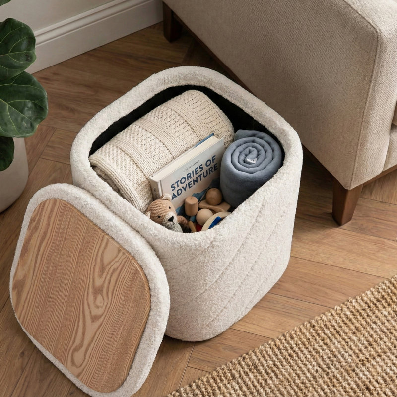 Repose-pieds carré avec rangement en chenille et couvercle capitonné, tabouret d'appoint ivoire, Ivoire ivoire