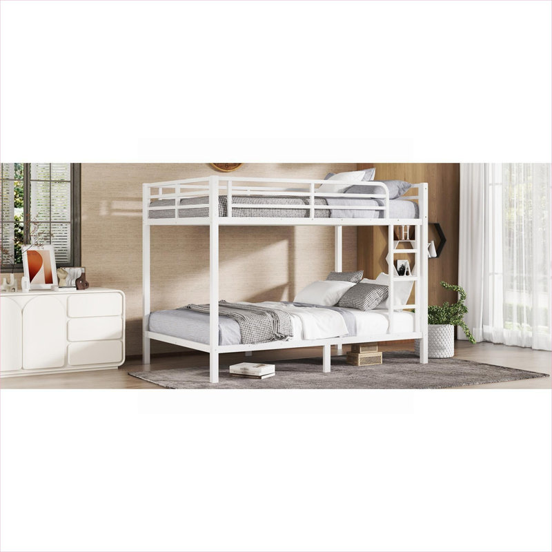 Classic White Metal Full XL Over Full XL Platform Bunk Bed, Space Saving Noise Reduced No Box Spring Needed for Teens and Adults