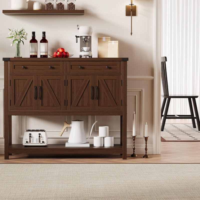 Buffet 47 pouces avec 4 portes de grange et tablette ouverte, console de rangement en bois, Brun