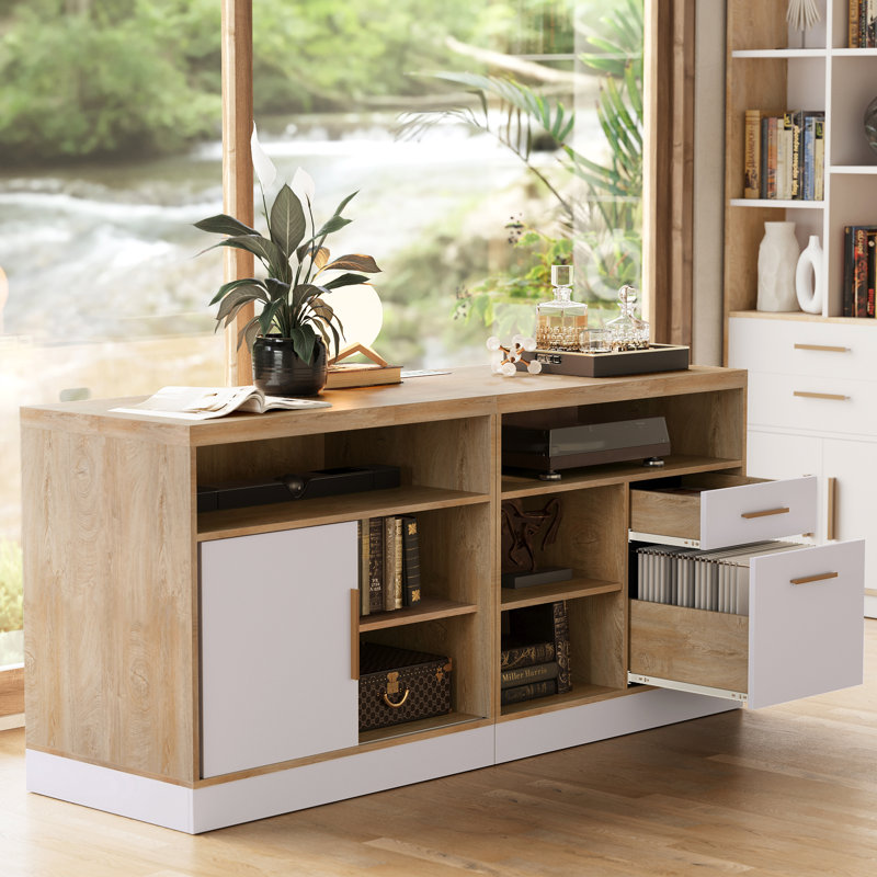Classeur latéral Adonia en bois de 160 cm de large avec serrure, idéal pour le bureau à domicile, et doté d'une prise électrique intégrée, fini noyer blanc.