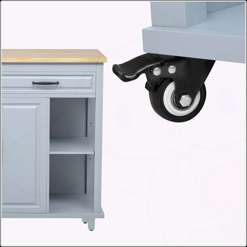 Îlot de cuisine polyvalent avec table extensible et multiples fonctionnalités, Bleu gris