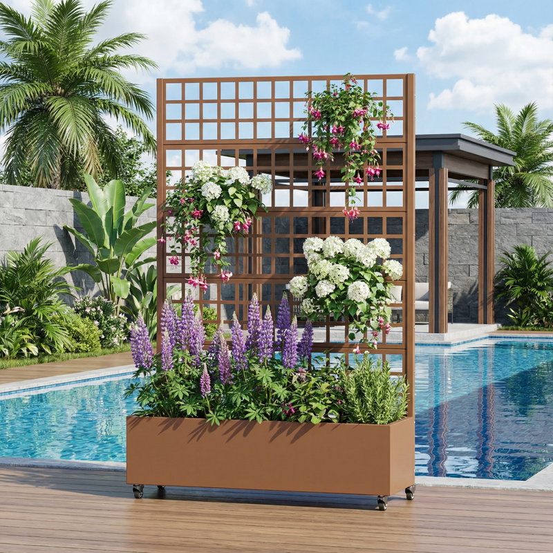 Boîte à fleurs en métal avec treillis et roues Conall, H 73 po x l 47 po x P 16 po, Brun