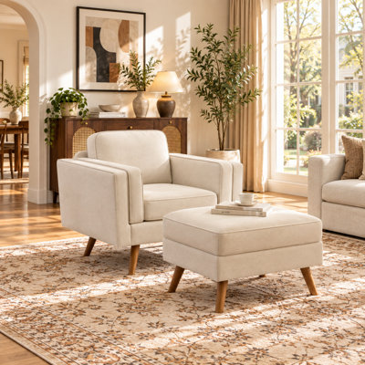Mid-Century Modern 2-Piece Living Room Sofa Set, Includes Ottoman & Armchair, Tapered Wood Legs