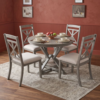 Extendable Round Dining Table Set with 4 Upholstered Chairs for Kitchen Dining Room