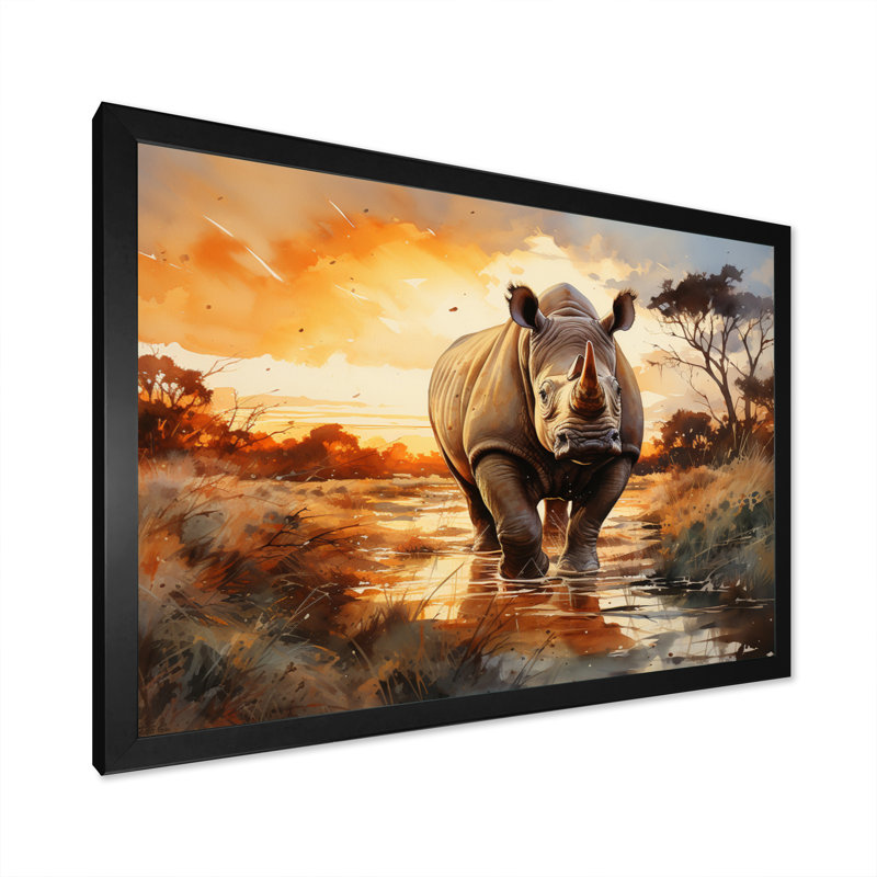 Rhinocéros «A Vast Sunset», reproduction d'art sur toile encadrée, Cadre simple noir, H 30 po x l 40 po x P 1,5 po