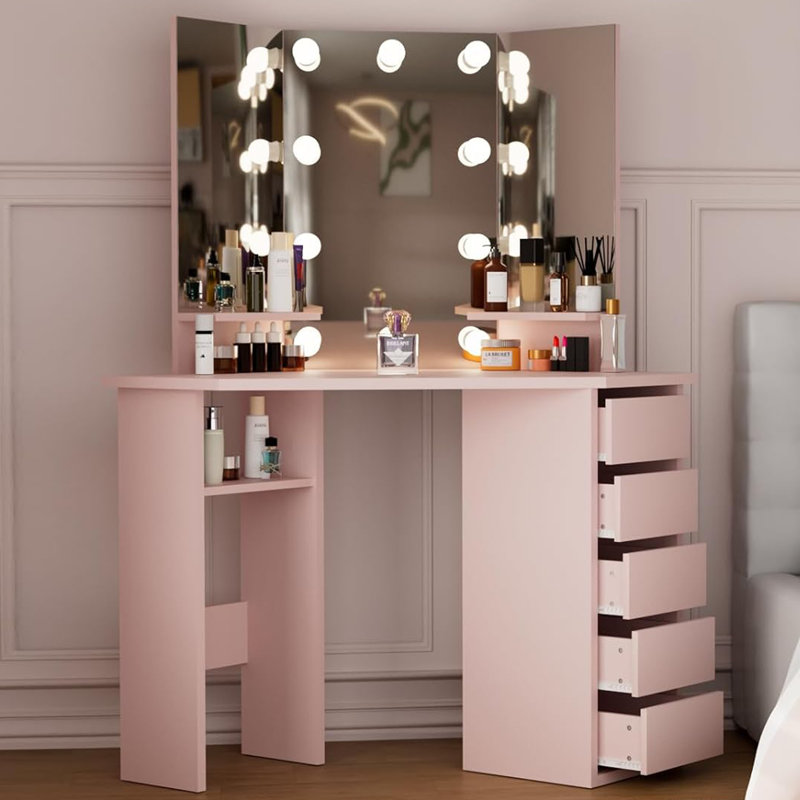 Oryon 56"x44" Corner Makeup Vanity with Lights, Vanity Desk with Mirror,10 LED Lights,5 Drawers, Pink