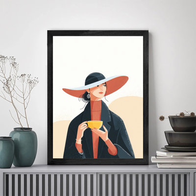 Premium Solid Wood Black Framed Prints Woman Hat and Scarf Holding with Sleek Black Wood Frame, Modern Home Decor Wall Decoration for Office Kitchen