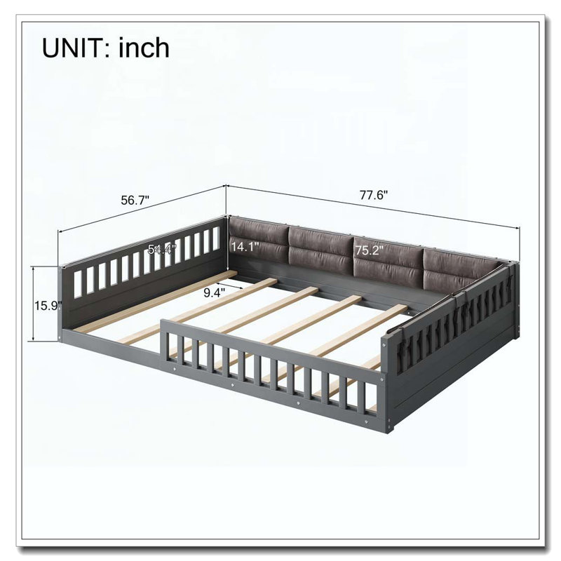 Lit plateforme tapissier en bois pleine grandeur avec garde-corps et coussin, Gris