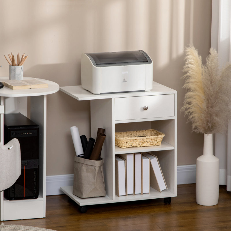 Mobile Printer Stand, Rolling File Cabinet Cart With Wheels, Adjustable Shelf, Drawer And CPU Stand, White