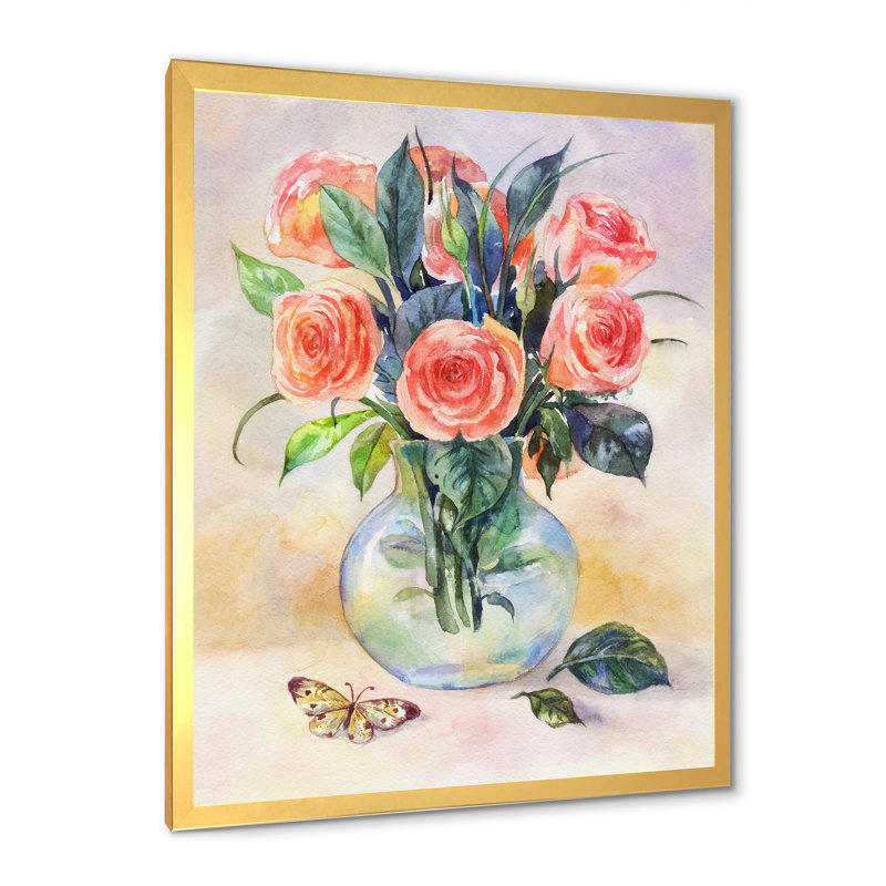 Bouquet rétro de roses roses - peinture sur toile, H 12 po x l 8 po x P 1 po, Cadre doré