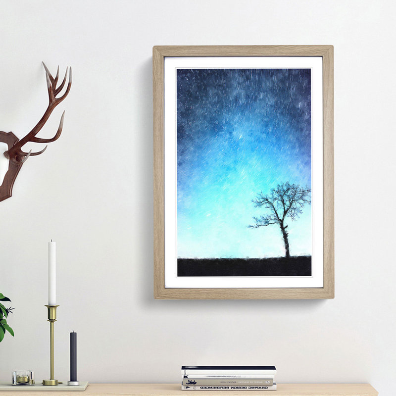 Tree at Dusk in Slovakia - Picture Frame Painting Print, Oak Framed, 45cm H x 33cm W x 2cm D
