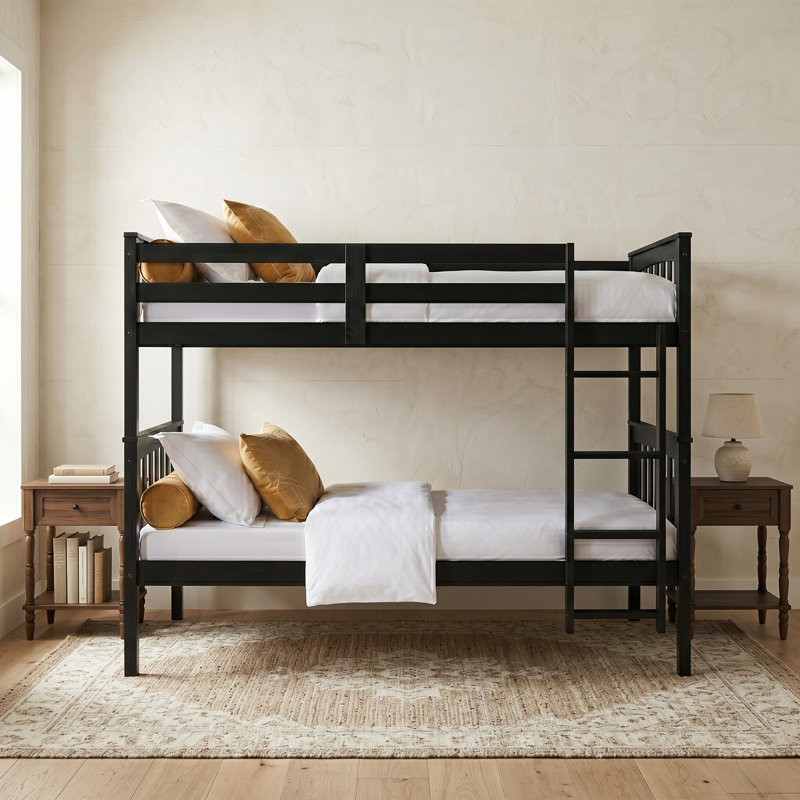 Lit superposé simple au-dessus de simple en bois massif avec table de chevet 3 pièces Aon Ames, Black, Brun