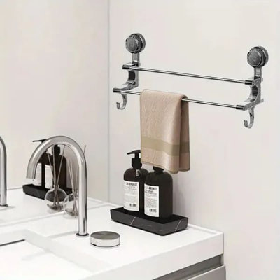 "No Hole Wall Mount Towel Holder - Sturdy Suction Cup Bathroom Rack with 2 Hooks for Robes, Towels & Accessories, Easy Install Home Decor"