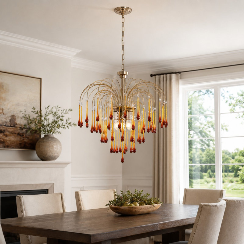 Lustre 6 lumières en cristal rétro, plafonnier doré avec gouttes en cristal bourgogne pour salle à manger et chambre à coucher