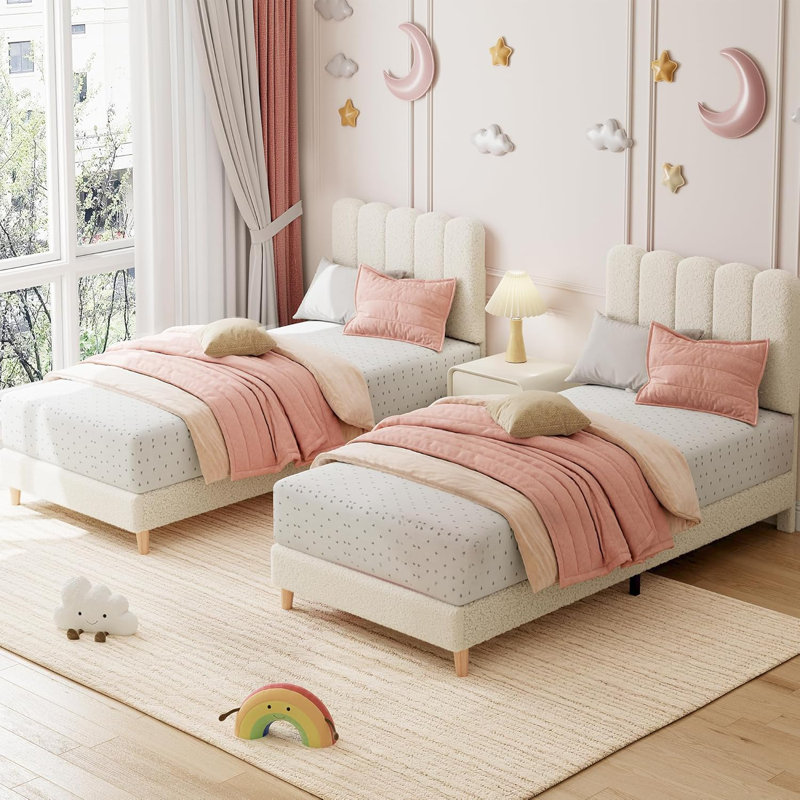 Twin Size Upholstered Platform Bed with Wave Headboard, Velvet Frame for Kids, Wooden Slats Support, No Box Spring Required