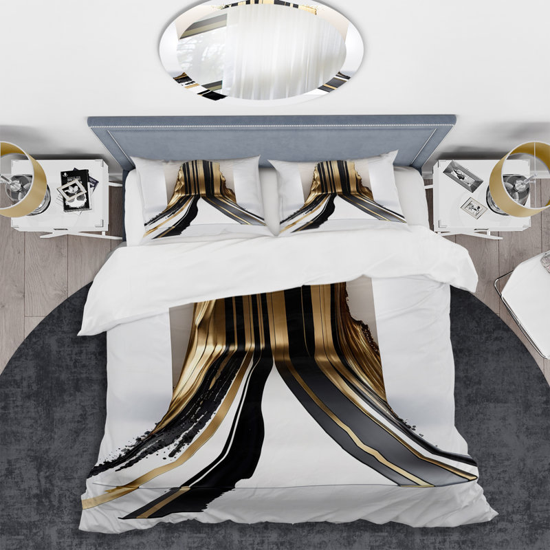Black And Gold Cubic Expression V - Minimalism Duvet Cover Set - Microfiber Polyester, King Duvet Cover + 2 King Shams