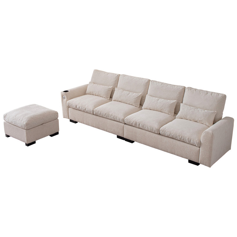 Chenille moderne avec boîte de rangement, rangement réversible en forme de L de 114,5 po, ports, porte-gobelet, coussins beiges pour la décoration intérieure, coussins lavables,