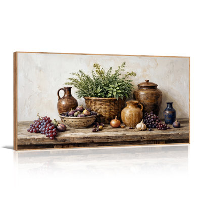 Pichets en terre cuite et produits frais sur une table en bois rustique - Tableau sur toile