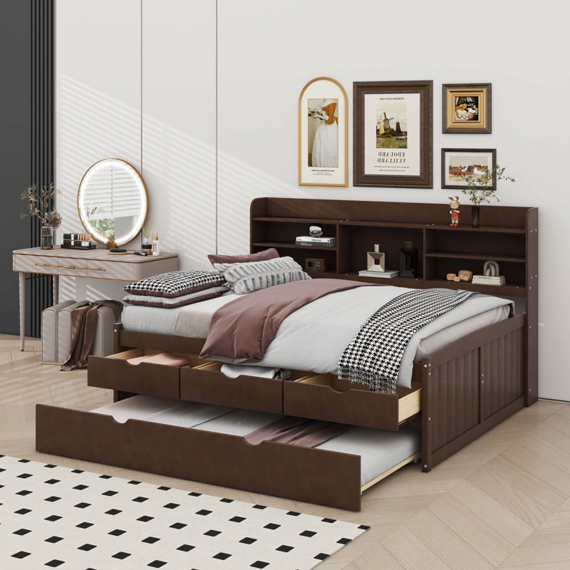 Wooden Captain Bed With Built-In Bookshelves,Three Storage Drawers And Trundle, Full, Antique Gray