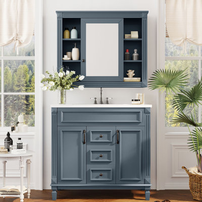 Meuble-lavabo avec lavabo, armoire à miroir bleue de 91 cm, meuble de rangement à 2 tiroirs, meuble-lavabo moderne, portes et lavabo