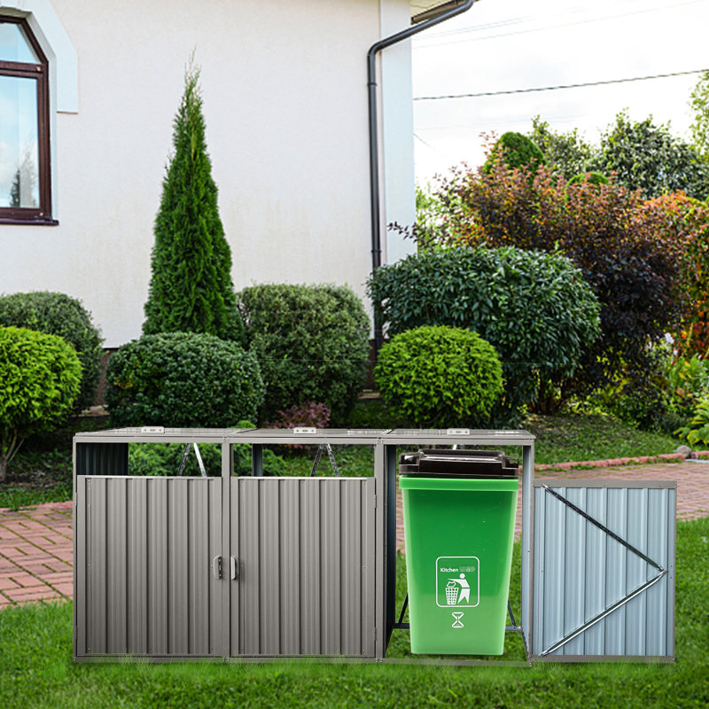 Grey Metal Garbage Storage Shed For Yard Lawn - Accommodates 3 Trash Cans, , Rot-, Easy To Use And Assemble Bin Shed, Holds Made Of Galvanized Steel, Clean
