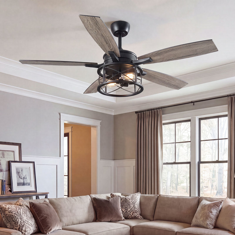 Rasco 52'' 5 wooden blades Ceiling Fan with Light Kit and Remote Control Included, Black/Gray Wood