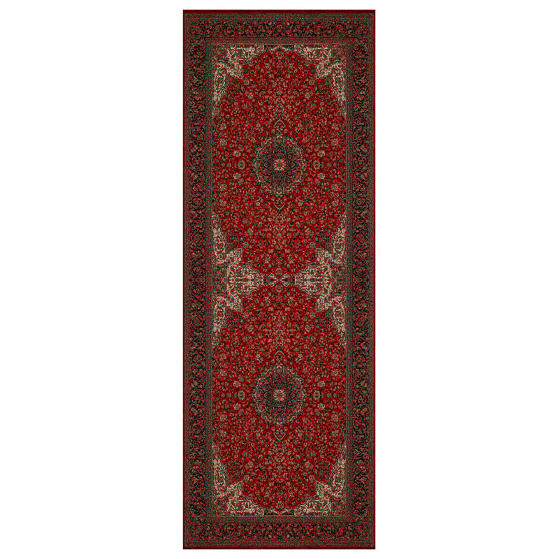 Guria Red Oriental Vintage Look Machine Printed Cotton Chenille Area Rug, Runner 5'3" x 16'5"