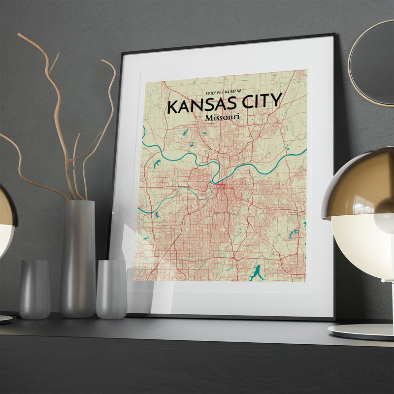 «Kansas City Map», reproduction d'impression sur affiche en beige, H 20 po x l 16 po