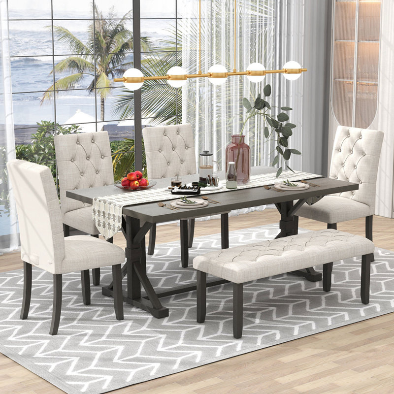6-Piece Farmhouse Dining Table Set 72" Wood Rectangular Table, 4 Upholstered Chairs with Bench, Grey