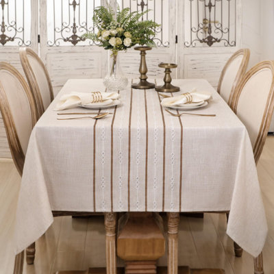 Linen Tablecloth With Beige Stripes, Resistant To Washing Wrinkles, 60 X 120 Inches