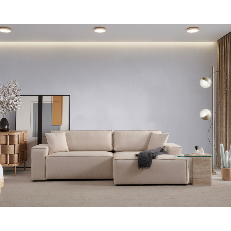 Canapé-lit d'angle, Orienté à droite, Mélange de polyester crème