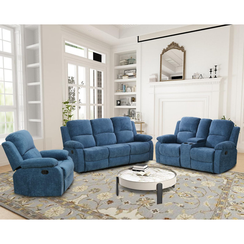Ensemble de canapé inclinable manuel 3 pièces GS28xx, Blue Linen Blend