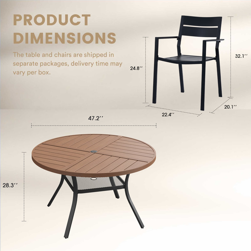 6-Person Patio Dining Set With Metal Chairs, Walnut/Black