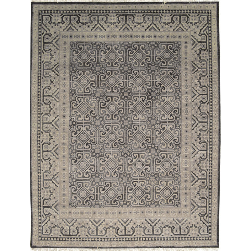 Gray Hand-Knotted Wool Geometric Scrollwork Modern Contemporary Carpet Rug, 6' x 9'