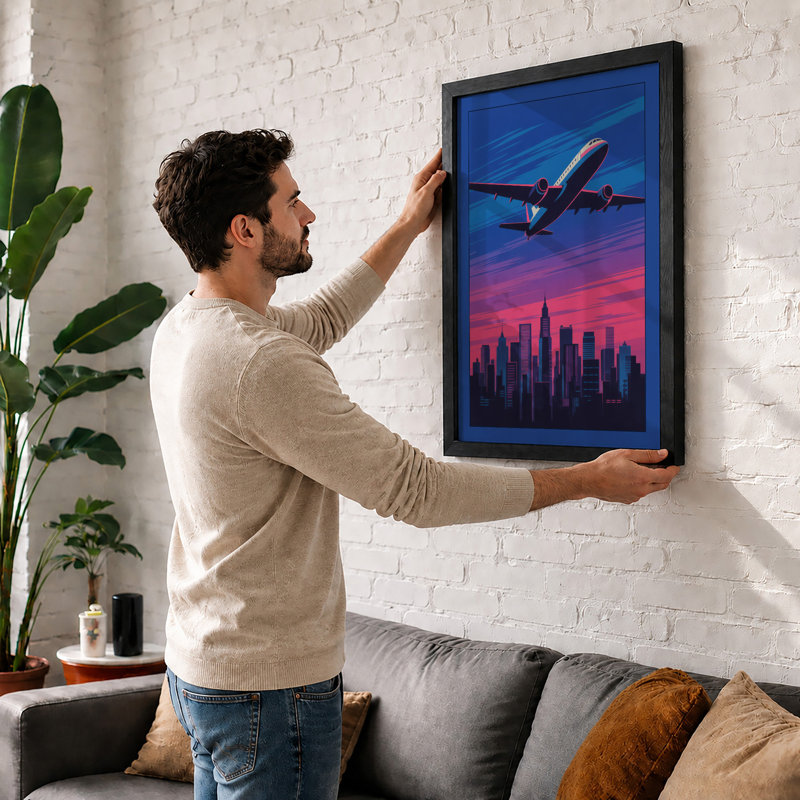 Flight Over City Modern - Framed Print, A1 - 84.1 x 59.4 cm, Oak
