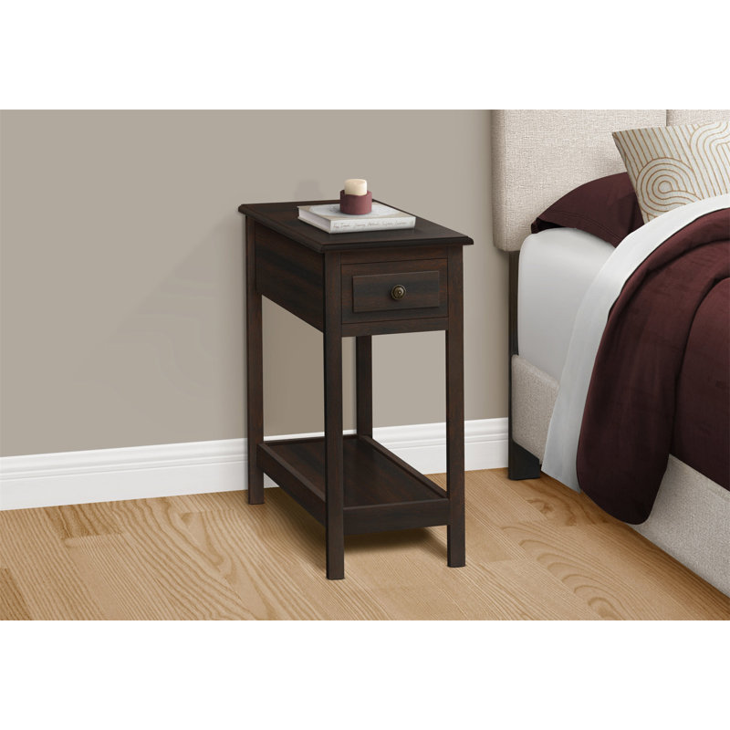 Table d'appoint, 2 niveaux, table de bout, table de bout, étroite, table de chevet, chambre à coucher, tiroir de rangement, lampe, placage brun, transitionnel