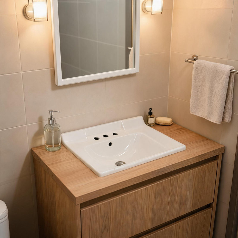 Lavabo de salle de bain en céramique blanche de 71 cm (28 po) avec trois trous prépercés pour robinetterie et trop-plein