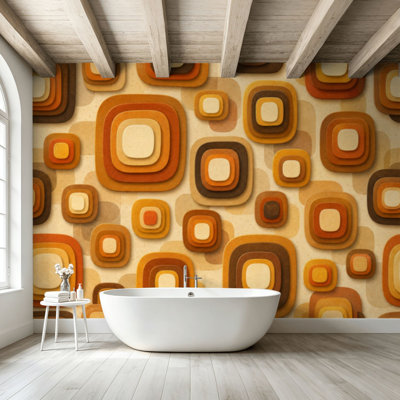 Peel and Stick Wallpaper Wall Mural 70s Retro Seamless Orange Brown Yellow Beige 60s 70s Retro Wall Art Self Adhesive and Removable