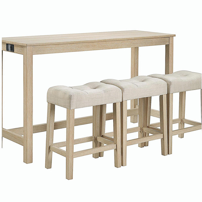 Ensemble de table de bar 4 pièces, table de bar et 3 tabourets rembourrés, Chêne clair, Beige / chêne clair