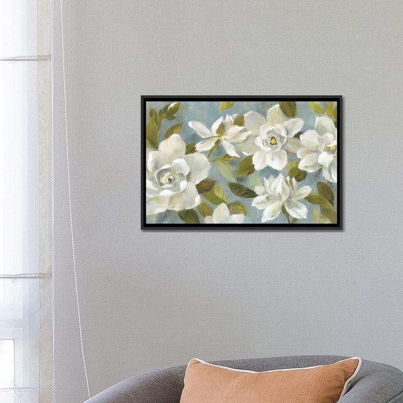 «  "gardenias" on ardoise blue », reproduction d’art sur toile, H 18 po x l 26 po x P 1,5 po, Toile avec cadre noir