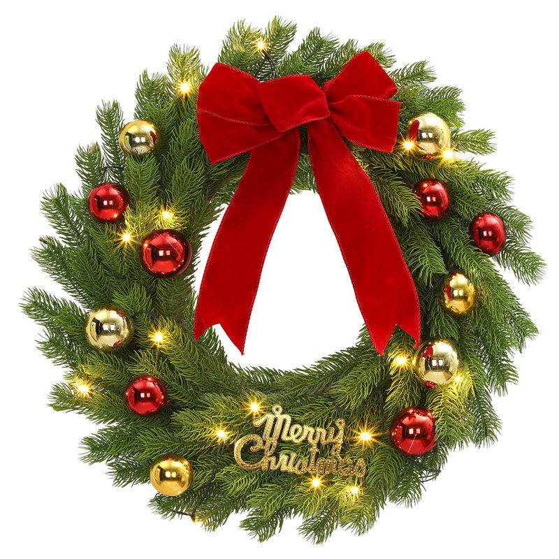 Couronne de Noël 24 pouces avec ruban, 20 lumières DEL rouges et vertes pré-éclairées, décoration des Fêtes