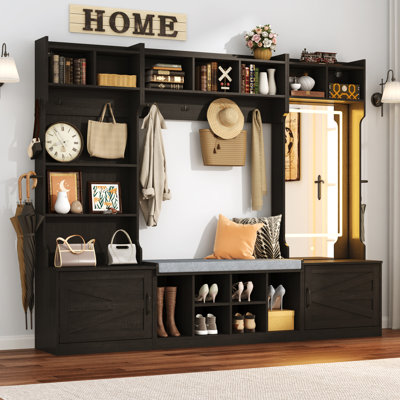 Farmhouse Hall Tree with Bench and Coat Rack, 86.6"W Extra Large Entryway Storage Cabinet with LED Mirror, 6 Shoe Cubbies, Open Storage Cabinets, Umbrella Holders & 8 Hooks, Mudroom Bench for Hallway