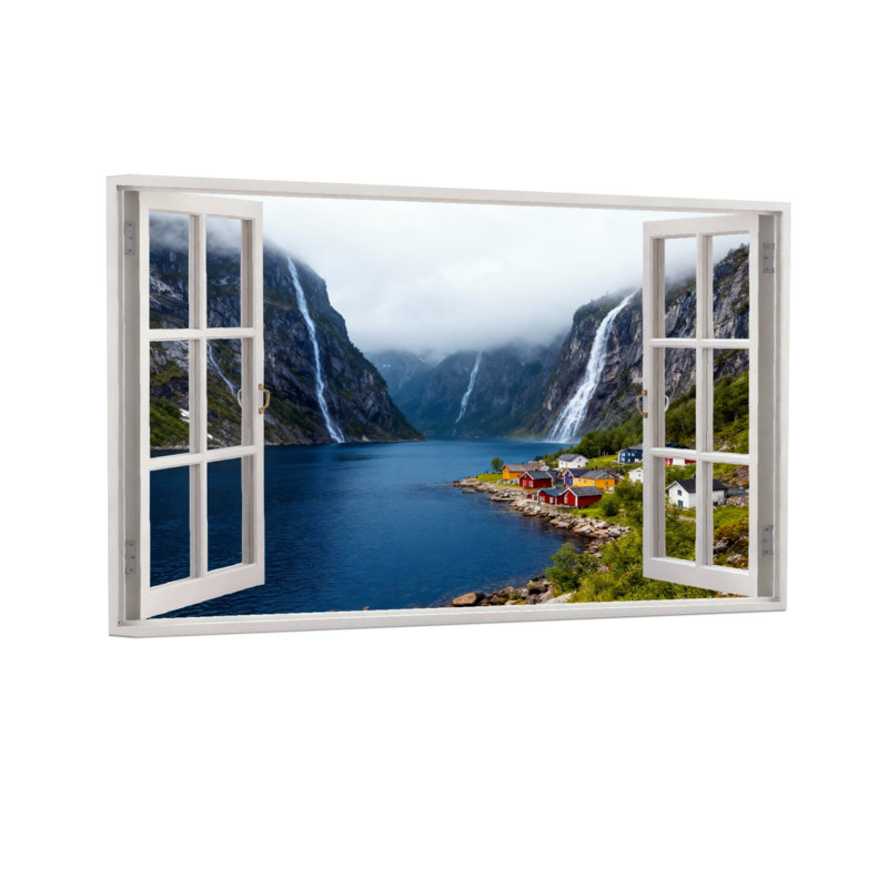 Cadre de fenêtre paysage et nature montagne lac cascade, H 16 po x l 24 po