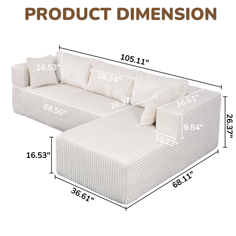 105" L-Shaped Modular Compression Sofa, Plush Upholstery, All-Foam Structure (No Springs), 6 Pillows, Vacuum-Packed, Space-Saving for Living Room, Bedroom, Apartment  (Left Chaise)