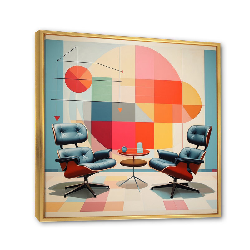 «Mid-Century Eames Delight» coloré - imprimé, Cadre flottant doré, H 24 po x l 24 po x P 1 po