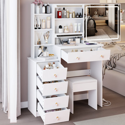 Table de chevet pour armoire de chevet avec commode tabouret de 37 po de taille, 2 prises AC + 2, support pour séchoir à cheveux, miroir coulissant à commande tactile 24 po x 22 po avec interrupteur 3 couleurs, certificat UL, américain